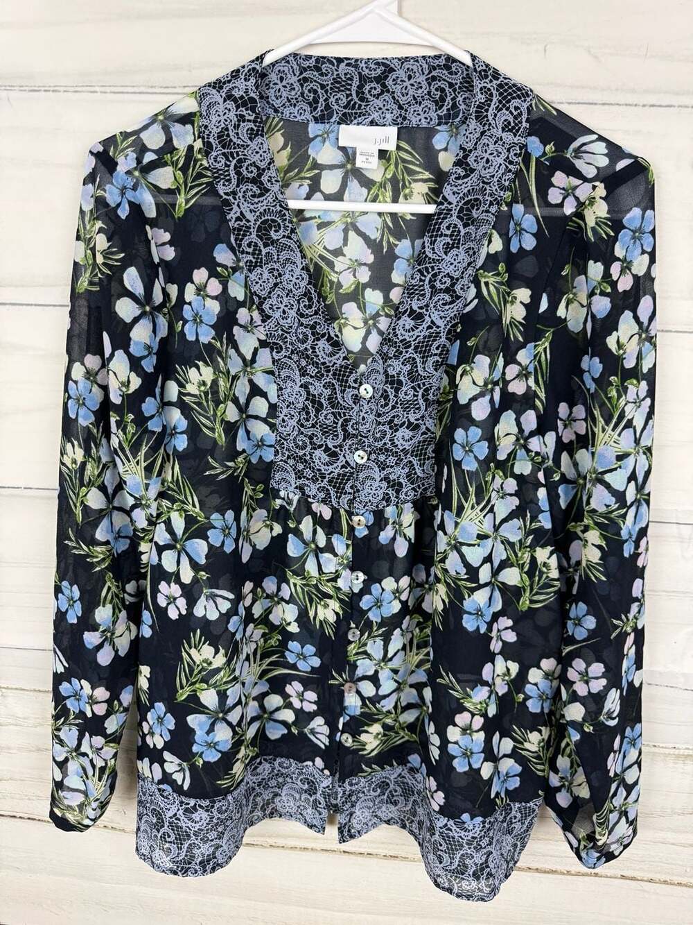 J.Jill Floral Lace Trim Button-Down Blouse, Size M Petite